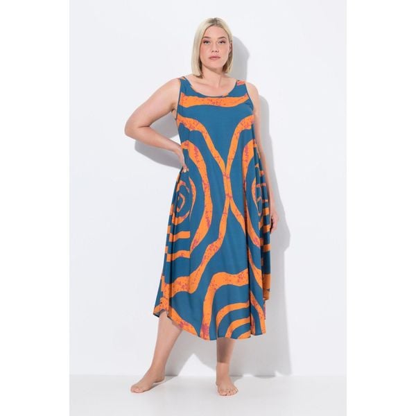 Damskie Sukienka midi koła krój trapezowy okrągły dekolt bez rękawów. Niebieskie sukienki Ulla Popken, plus size, bez wzorów, z materiału, sportowe, bez kołnierzyka, plus size, bez ramiączek, midi, sportowe. Za 279.99 zł.