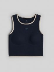 4F Crop top do jogi szybkoschnący damski - granatowy L. Niebieskie topy sportowe 4f, l, bez wzorów, z materiału, na fitness i siłownię. Za 129.99 zł.