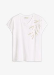 T-shirt z bawełny organcznej. Białe t-shirty bonprix, z aplikacjami, z bawełny, bez kołnierzyka, bez ramiączek. Za 67.99 zł.