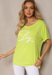Jasnozielony T-shirt z Wiskozy z Rękawami Typu Nietoperz Ozdobiony Nadrukiem Comiena. Zielone t-shirty Renee, m, bez wzorów, z dzianiny, bez kołnierzyka, bez ramiączek. W wyprzedaży za 39.99 zł.