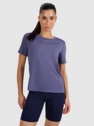 4F Koszulka treningowa regular szybkoschnąca damska - granatowa XS. Niebieskie t-shirty sportowe 4f, uniwersalny, bez wzorów, z elastanu, bez ramiączek, na fitness i siłownię. Za 79.99 zł.