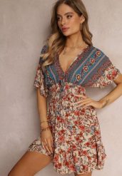 Beżowo-Granatowa Sukienka Dylina. Brązowe sukienki Renee, l, bez wzorów, z tkaniny, bez kołnierzyka, bez ramiączek, mini. W wyprzedaży za 47.99 zł.