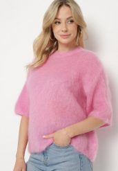 Różowy Moherowy Sweter o Kroju Nietoperza z Rękawami 3/4 Eleanira. Czerwone swetry Born2be, na zimę, uniwersalny, z aplikacjami, z jeansu, eleganckie, bez ramiączek. W wyprzedaży za 237.99 zł.