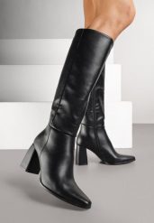 Czarne Kozaki na Obcasie Typu Stożek w Klasycznym Stylu Lanile. Czarne kozaki Renee, bez wzorów, eleganckie, bez obcasa, na obcasie, bez zapięcia. Za 169.99 zł.