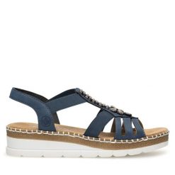 Sandały Rieker. Niebieskie sandały Rieker, bez wzorów, bez obcasa, na płaskiej podeszwie, bez zapięcia. Za 289.99 zł.