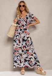 Czarno-Niebieska Rozkloszowana Sukienka z Bawełny o Kopertowym Kroju w Print Paisley Piavella. Czarne sukienki Renee, na co dzień, l, bez wzorów, z bawełny, eleganckie, bez kołnierzyka, bez ramiączek, maxi, kopertowe. W wyprzedaży za 39.99 zł.