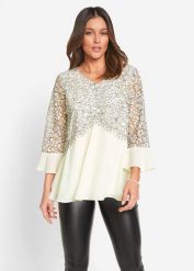 Tunika z koronką. Białe tuniki bonprix, bez wzorów, z koronki, bez kołnierzyka, bez ramiączek. Za 169.99 zł.