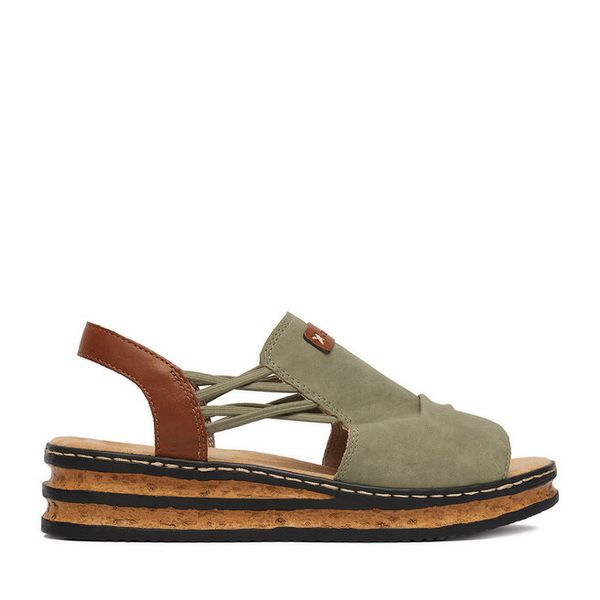 Sandały Rieker. Zielone sandały Rieker, bez wzorów, bez obcasa, na koturnie, bez zapięcia. Za 299.99 zł.