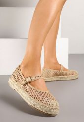 Beżowe Siateczkowe Espadryle na Podeszwie z Juty Zapinane na Sprzączkę Geniffia. Brązowe espadryle Renee, bez wzorów, bez obcasa. W wyprzedaży za 62.99 zł.