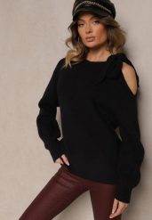 Czarny Sweter z Ozdobnym Wiązaniem i Wycięciem na Ramieniu Eledi. Czarne swetry Renee, bez wzorów, casualowe, bez ramiączek. W wyprzedaży za 111.99 zł.