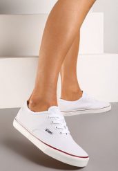 Białe Casualowe Sznurowane Tenisówki na Płaskiej Podeszwie Moanisa. Białe trampki Renee, bez wzorów, z jeansu, eleganckie, bez zapięcia. W wyprzedaży za 27.99 zł.