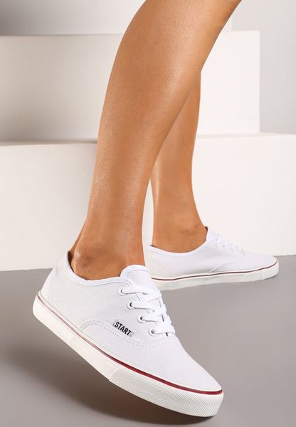 Białe Casualowe Sznurowane Tenisówki na Płaskiej Podeszwie Moanisa. Białe trampki Renee, bez wzorów, z jeansu, bez zapięcia. Za 14.99 zł.