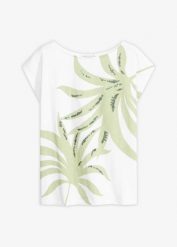 T-shirt z cekinami. Białe t-shirty bonprix, bez wzorów, bez kołnierzyka, bez ramiączek. Za 37.99 zł.