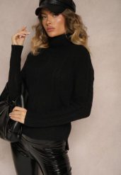 Czarny Casualowy Golf z Wiskozą i Ozdobnym Splotem Aledi. Czarne swetry Renee, l, bez wzorów, z dzianiny, bez ramiączek. W wyprzedaży za 95.99 zł.