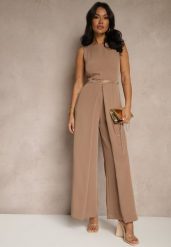 Ciemnobeżowy Kombinezon Bez Rękawów z Nogawkami Wide Leg Noreldi. Brązowe sukienki Renee, m, bez wzorów, eleganckie, bez kołnierzyka, bez ramiączek. W wyprzedaży za 127.99 zł.
