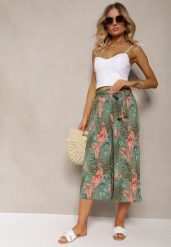 Ciemnozielone Spodnie High Waist z Szerokimi Nogawkami z Gumką w Talii i Materiałowym Paskiem Berlefia. Zielone jeansy Renee, na lato, l, bez wzorów, z jeansu, z podwyższonym stanem. W wyprzedaży za 39.99 zł.