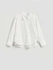 Bawełniana koszula z haftowaniem - złamana biel. Koszule Reserved, l, bez wzorów, z bawełny, bez kołnierzyka, bez ramiączek. Za 149.99 zł.