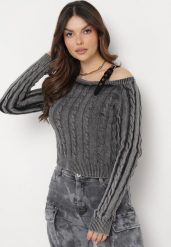 Czarny Sweter z Ozdobnym Paskiem Przy Ramieniu i Splotem Alvoria. Czarne swetry Born2be, na zimę, bez wzorów, ze splotem, bez ramiączek. W wyprzedaży za 135.99 zł.