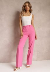 Różowe Spodnie w Kant w Garniturowym Stylu High Waist Jaessa. Czerwone jeansy Renee, s, bez wzorów, z jeansu, eleganckie, z podwyższonym stanem. W wyprzedaży za 75.99 zł.