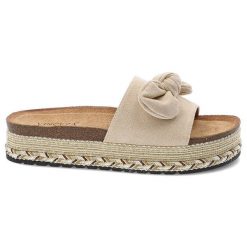 Klapki damskie Vinceza, na grubej platformie profilowane z kokardką materiałowe, beżowe, 16495-BE. Brązowe klapki VINCEZA, z aplikacjami, z materiału, boho, bez obcasa, na platformie, bez zapięcia. Za 99.99 zł.