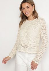 Beżowa Bluzka z Bawełny Ozdobiona Ażurowym Wzorem Melonera. Brązowe bluzki Born2be, l, w ażurowe wzory, z bawełny, eleganckie, bez kołnierzyka, bez ramiączek. W wyprzedaży za 93.49 zł.
