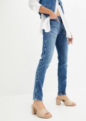Dżinsy SKINNY ze stretchem, mid waist. Niebieskie jeansy bonprix, z aplikacjami, z jeansu, eleganckie. Za 149.99 zł.