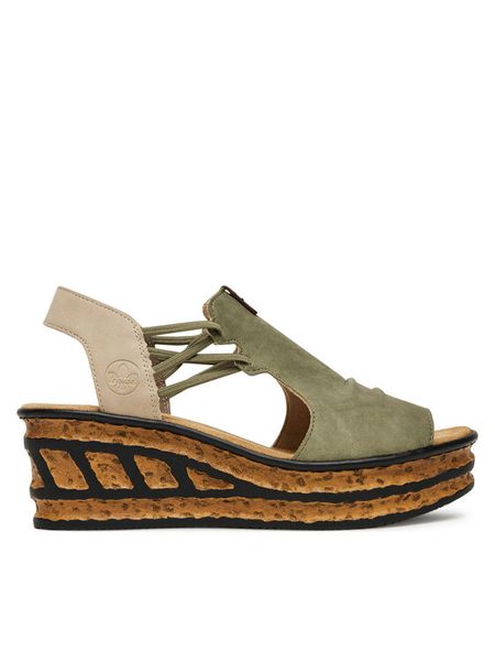 Rieker Sandały 68175-52 Zielony. Zielone sandały Rieker, bez wzorów, z materiału, bez obcasa, na koturnie, bez zapięcia. Za 319.99 zł.