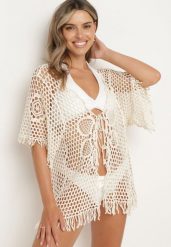 Jasnobeżowa Bluzka Narzutka z Szydełkowej Bawełny w Stylu Boho Elasy. Brązowe bluzki Born2be, uniwersalny, bez wzorów, z bawełny, boho, bez kołnierzyka, bez ramiączek. Za 89.99 zł.