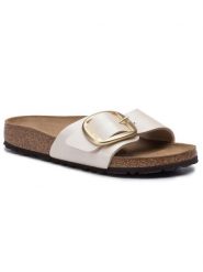Birkenstock Klapki Madrid Big Buckle 1015279 Beżowy. Brązowe klapki Birkenstock, bez wzorów, ze skóry, bez obcasa, bez zapięcia. Za 499.99 zł.