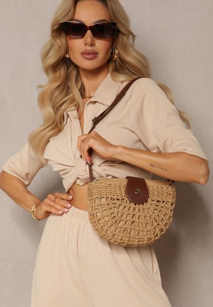 Ciemnobeżowa Pleciona Torebka na Regulowanym Pasku z Zapięciem na Zatrzask i Suwak Setelia. Brązowe torebki klasyczne Renee, bez wzorów, biznesowe, bez dodatków. Za 99.99 zł.