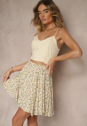 Beżowe Spódnico-Szorty High Waist w Kwiaty Sunevra. Brązowe szorty Renee, bez wzorów, eleganckie. W wyprzedaży za 39.99 zł.