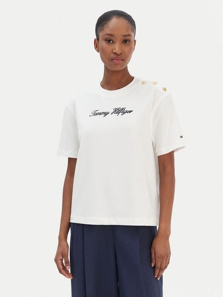 Tommy Hilfiger T-Shirt Script WW0WW47819 Écru Regular Fit. Białe t-shirty Tommy Hilfiger, l, bez wzorów, z bawełny, bez kołnierzyka, bez ramiączek. Za 194.99 zł.