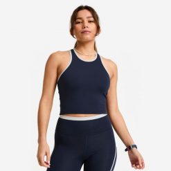 Koszulka fitness damska Domyos bez rękawów crop. Niebieskie t-shirty sportowe DOMYOS, xs, bez wzorów, z materiału, bez ramiączek, na fitness i siłownię. Za 49.99 zł.