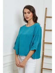Fleur de Lin Lniana bluzka "Georginia" w kolorze turkusowym rozmiar: L. Niebieskie bluzki Fleur de Lin, l, bez wzorów, ze lnu, bez kołnierzyka, bez ramiączek. Za 158.47 zł.