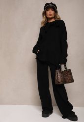 Czarny Komplet Oversize z Dzianiny Sweter z Wiązaniem i Spodnie o Szerokim Kroju Emmige. Czarne swetry Renee, l, bez wzorów, z dzianiny, eleganckie, bez ramiączek. W wyprzedaży za 159.99 zł.