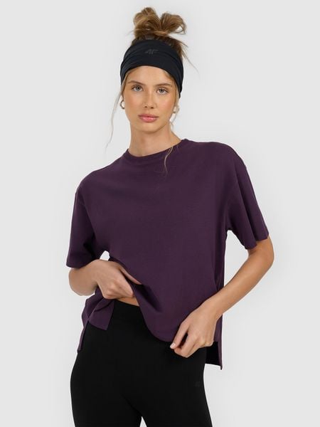 4F T-shirt loose gładki damski - fioletowy XS. Fioletowe t-shirty 4f, uniwersalny, bez wzorów, z dzianiny, bez kołnierzyka, bez ramiączek. Za 59.99 zł.