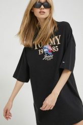 Tommy Jeans sukienka bawełniana kolor czarny mini oversize. Czarne sukienki Tommy Jeans, l, z aplikacjami, z bawełny, bez kołnierzyka, bez ramiączek, mini, oversize. Za 359.99 zł.