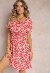 Czerwona Wiskozowa Mini Sukienka w Kwiatowy Print z Gumką w Pasie Frolia. Czerwone sukienki Renee, l, bez wzorów, z wiskozy, bez kołnierzyka, bez ramiączek, mini. W wyprzedaży za 35.99 zł.