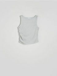 Bluzka z metaliczną nicią - srebrny. Szare bluzki Reserved, l, bez wzorów, z dzianiny, bez kołnierzyka, bez ramiączek. W wyprzedaży za 15.99 zł.