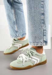 Jasnozielone Sneakersy Tenisówki z Geometrycznym Motywem Telanilia. Zielone trampki Born2be, bez wzorów, z jeansu, eleganckie, bez zapięcia. W wyprzedaży za 84.99 zł.