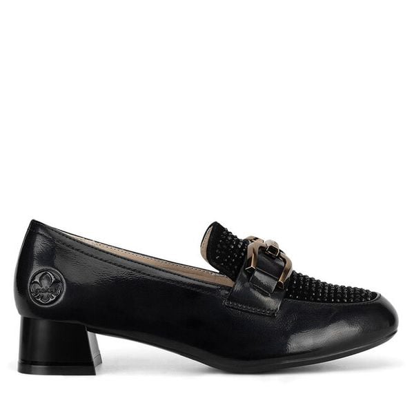 Półbuty Rieker. Czarne półbuty wsuwane Rieker, bez wzorów, bez obcasa, na obcasie. Za 379.99 zł.