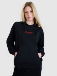 4F Bluza dresowa nierozpinana z kapturem damska - czarna XL. Czarne bluzy 4f, xl, bez wzorów, z bawełny, sportowe, bez ramiączek, z kapturem. W wyprzedaży za 89.99 zł.