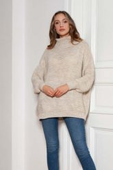 Oversizowy Sweter z Luźnym Golfem - Beżowy. Brązowe swetry Lanti, uniwersalny, bez wzorów, z materiału, bez ramiączek. Za 249.90 zł.