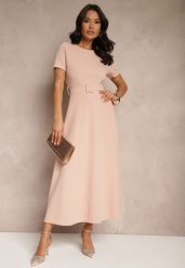 Różowa Sukienka o Rozkloszowanym Kroju z Ozdobnym Paskiem Desiliena. Czerwone sukienki Renee, na spotkanie biznesowe, m, bez wzorów, z denimu, eleganckie, bez kołnierzyka, bez ramiączek, maxi, kopertowe. W wyprzedaży za 99.99 zł.