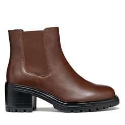 Sztyblety Geox. Brązowe botki Geox, bez wzorów, bez obcasa, na słupku, bez zapięcia. Za 319.99 zł.