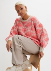 Sweter boxy. Czerwone swetry bonprix, bez wzorów, z żakardem, bez ramiączek. Za 119.99 zł.