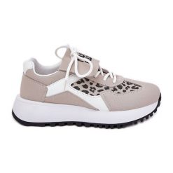 Buty Sportowe Sneakersy Damskie Na Platformie Panterka Biało-Beżowe beżowy. Brązowe buty treningowe bez wzorów, bez zapięcia, trekkingowe. Za 163.66 zł.