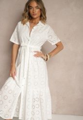 Biała Koszulowa Sukienka z Bawełny z Wiązanym Paskiem i Haftowanymi Zdobieniami Efronelle. Białe sukienki Renee, na co dzień, l, z aplikacjami, z bawełny, eleganckie, bez kołnierzyka, bez ramiączek, maxi, koszulowe. W wyprzedaży za 127.99 zł.