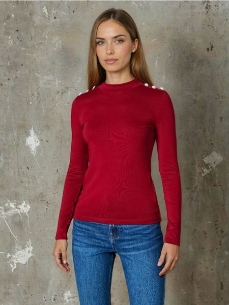 Bluzka z ozdobnymi perłami - bordowy. Czerwone bluzki Sinsay, l, bez wzorów, bez kołnierzyka, bez ramiączek. Za 25.99 zł.