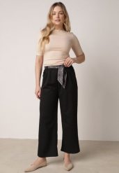 Czarne Eleganckie Spodnie z Bawełny i Wiskozy z Materiałowym Paskiem-Apaszką Vetina. Czarne jeansy Born2be, l, bez wzorów, z bawełny, biznesowe. Za 79.99 zł.